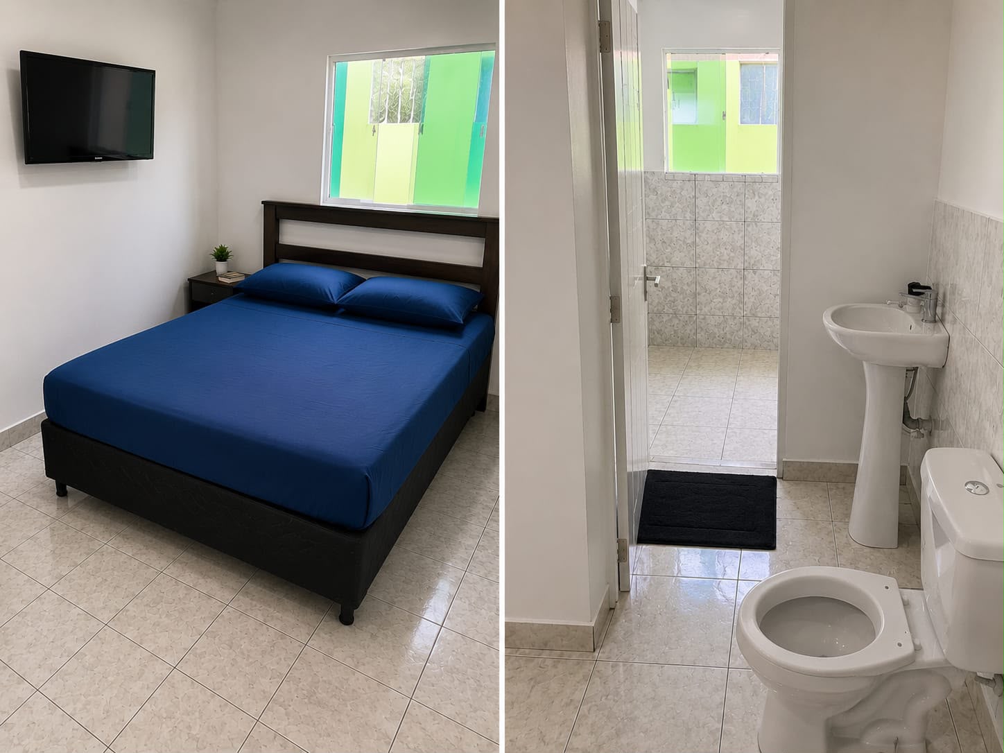 Quarto com cama de casal, TV e banheiro privativo